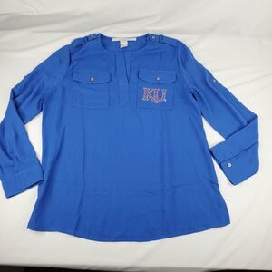 M KU KANSAS UNIVERSITY JAYHAWKS BLUE EMBELLISHED ROLL UP BLOUSE TOP medium